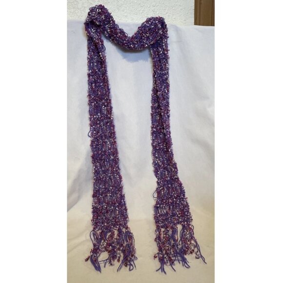 Shades of Purple Pink White Textured Open-weave Scarf with Fringe 68" x 5" - Picture 6 of 6
